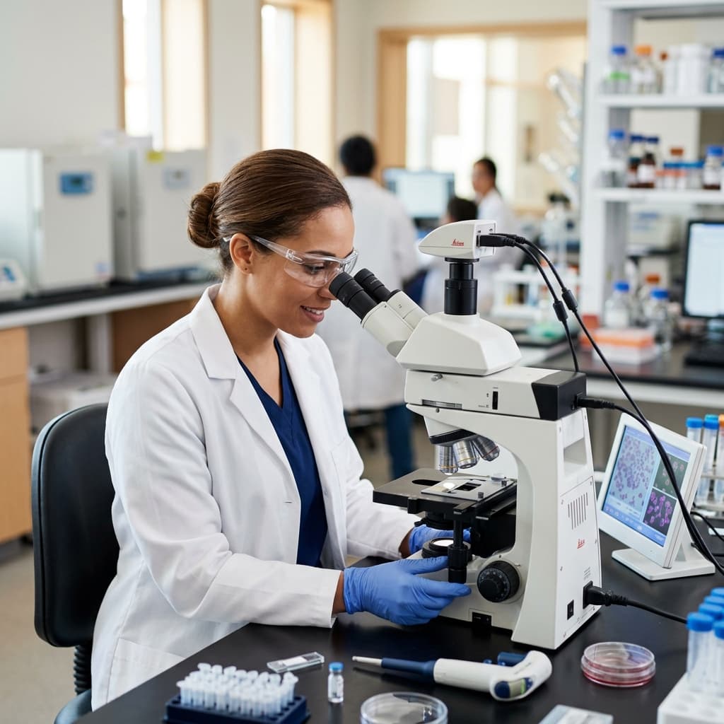 Scientist using microscope in advanced laboratory